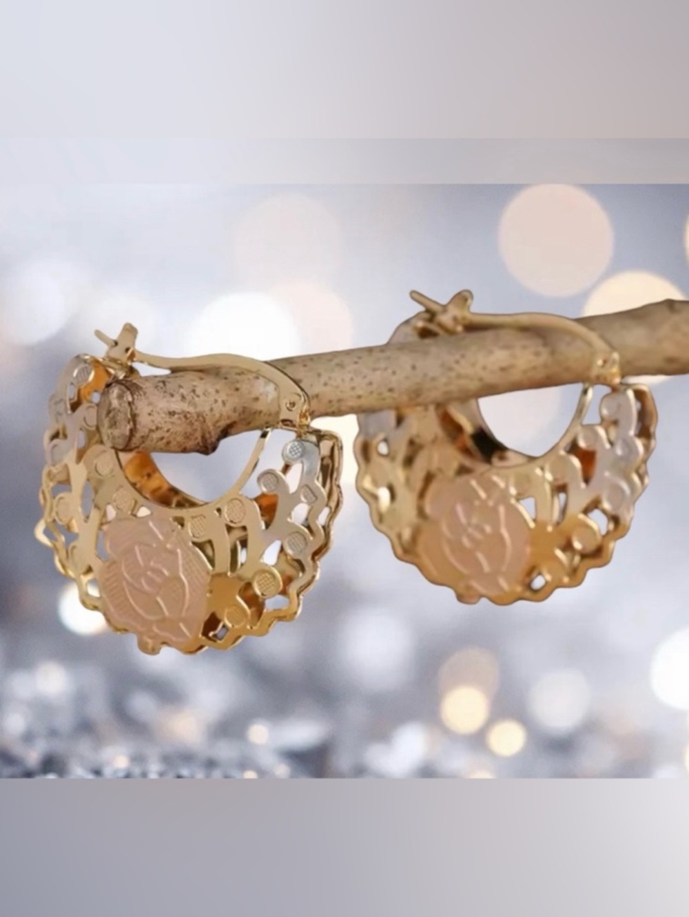 Intricate 18K Gold Plated Sterling Three-Tone Floral Hoop Earrings✨NWOT✨